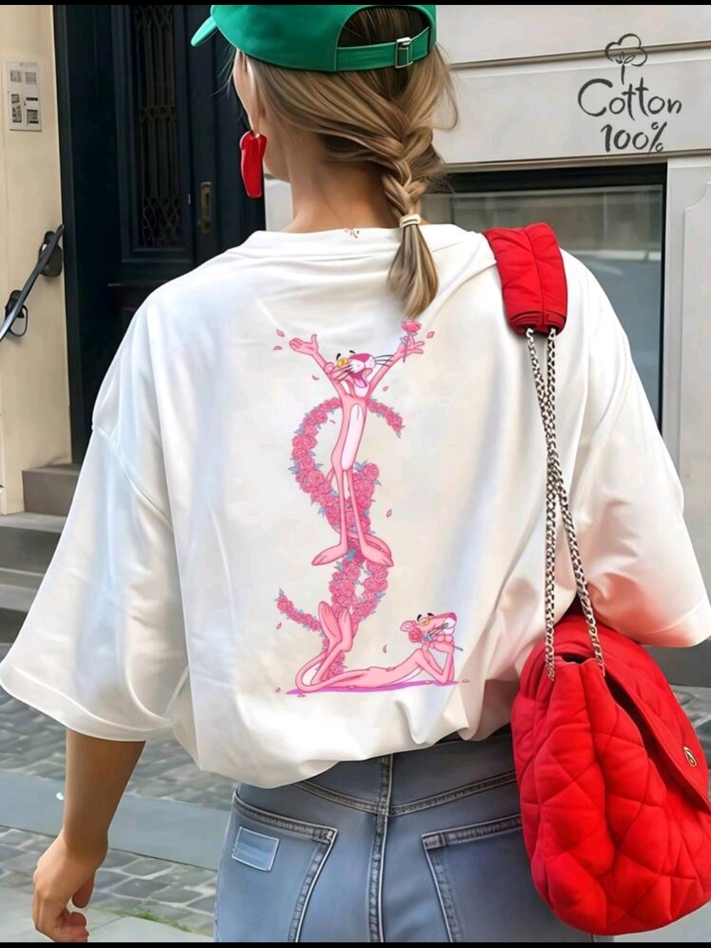 White 100% Cotton YSL Pink Panther Graphic Tee - Casual Women Top Unisex
